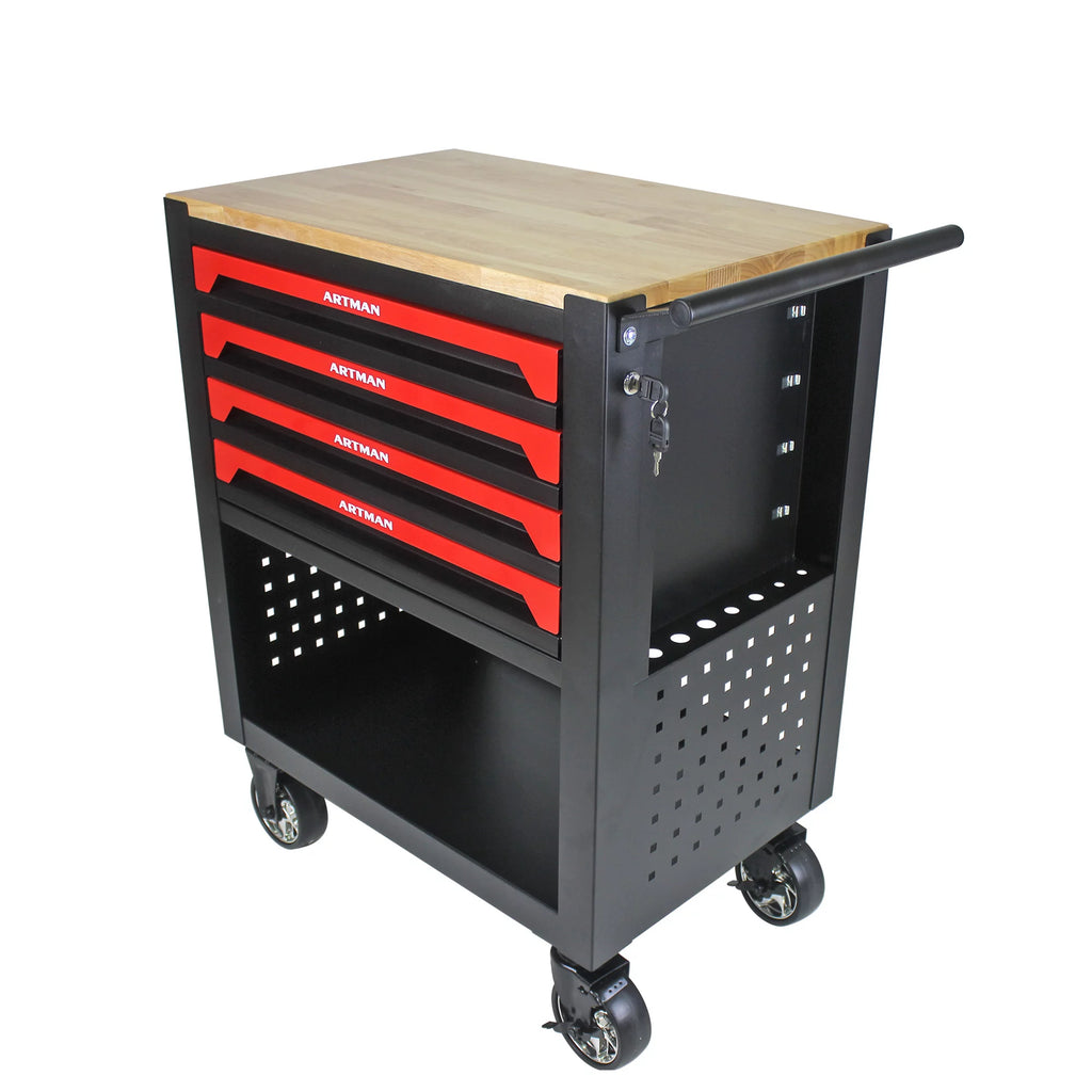 4-Tier Rolling Tool Cart with Cabinet and Wooden Top P7158